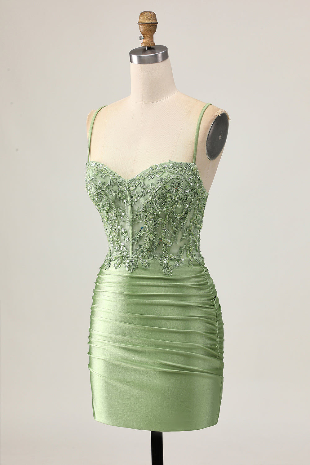 Sparkly Sage Green Tight Short Corset Homecoming Dress with Appliques