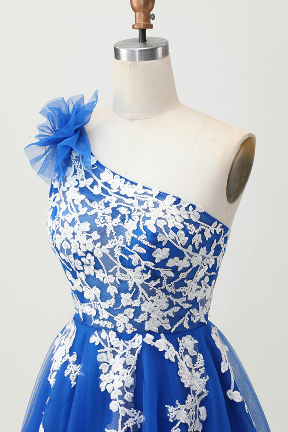 Royal Blue Tulle One Shoulder Short Homecoming Dress with 3D Flower