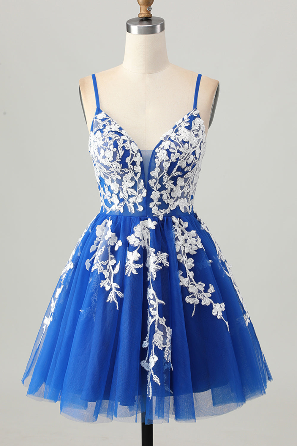 Royal Blue Tulle A Line Short Homecoming Dress with Appliques