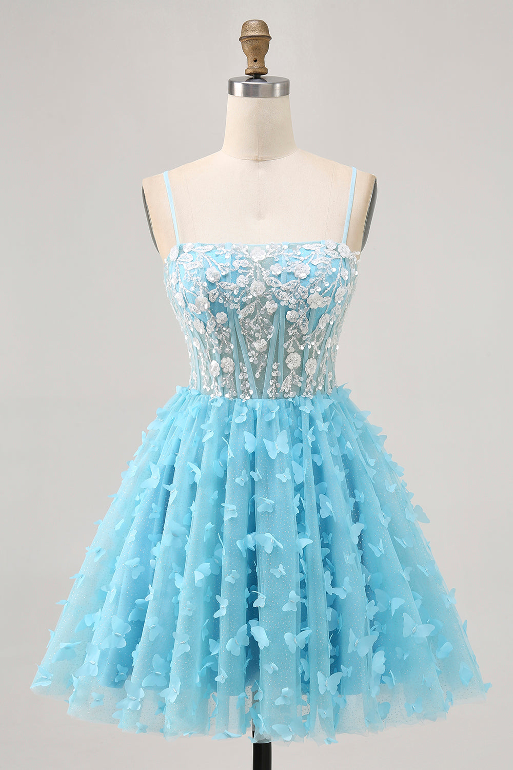 Sparkly Blue Corset Floral Short Homecoming Dress with Sequins