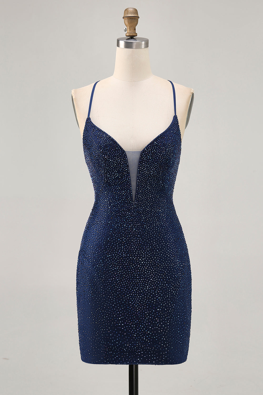 Dark Blue Beaded Spaghetti Straps Bodycon Homecoming Dress