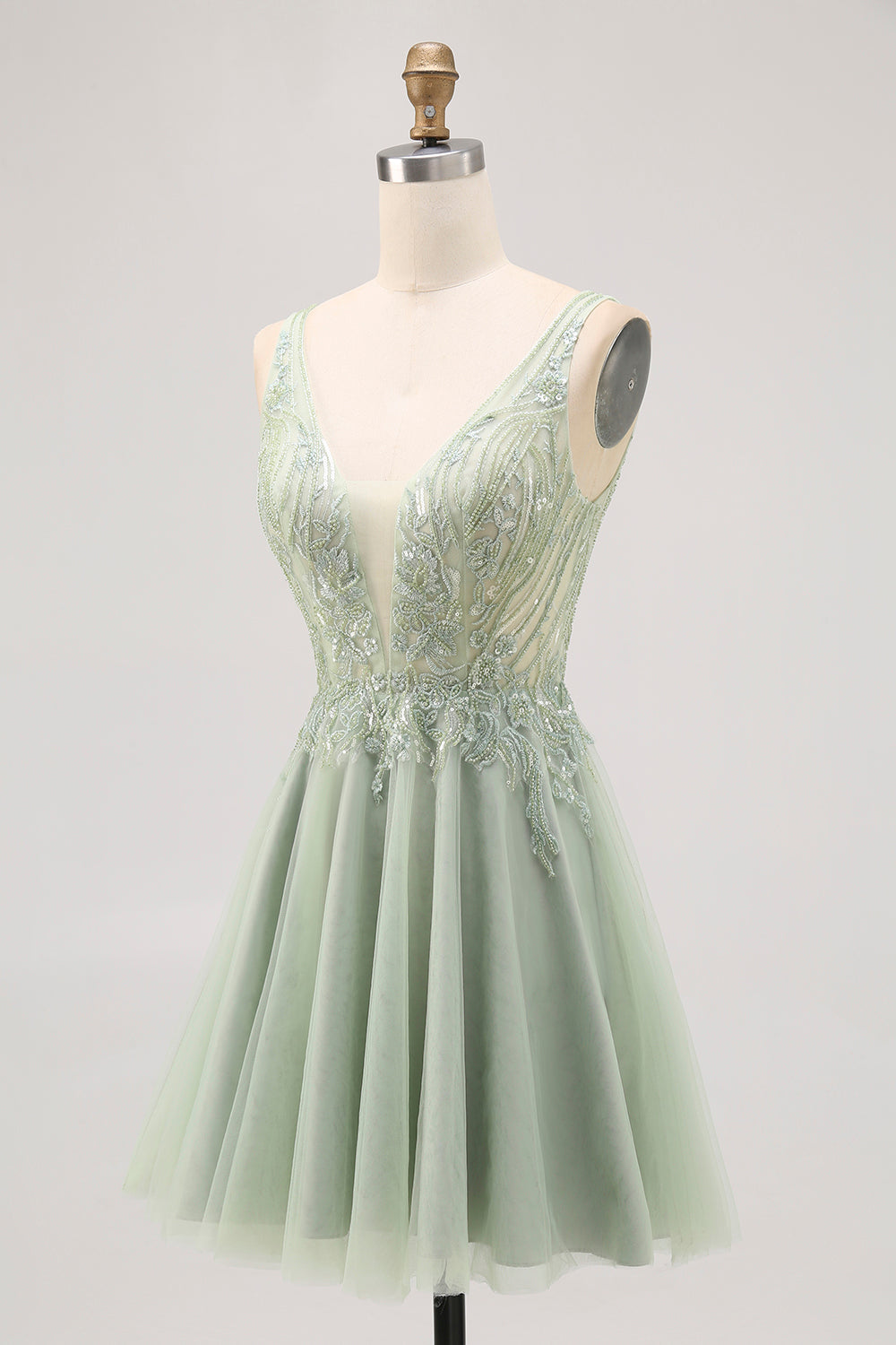 Sparkly Green Tulle V-Neck Beaded Short Homecoming Dress