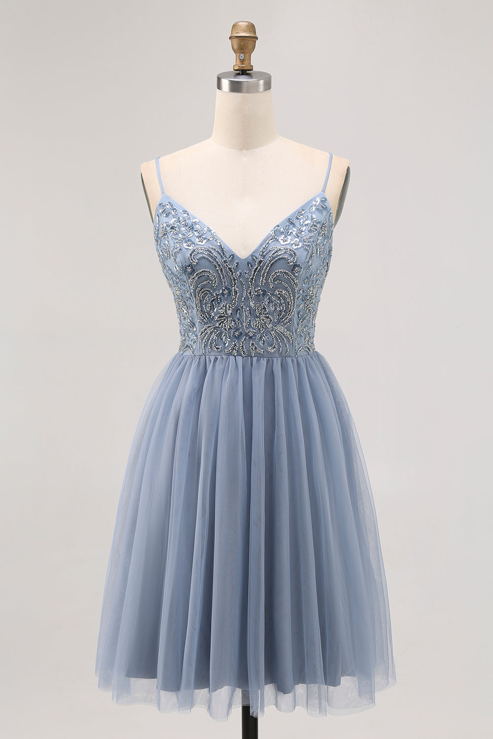 Sparkly Grey Blue Tulle A Line Short Homecoming Dress with Beading