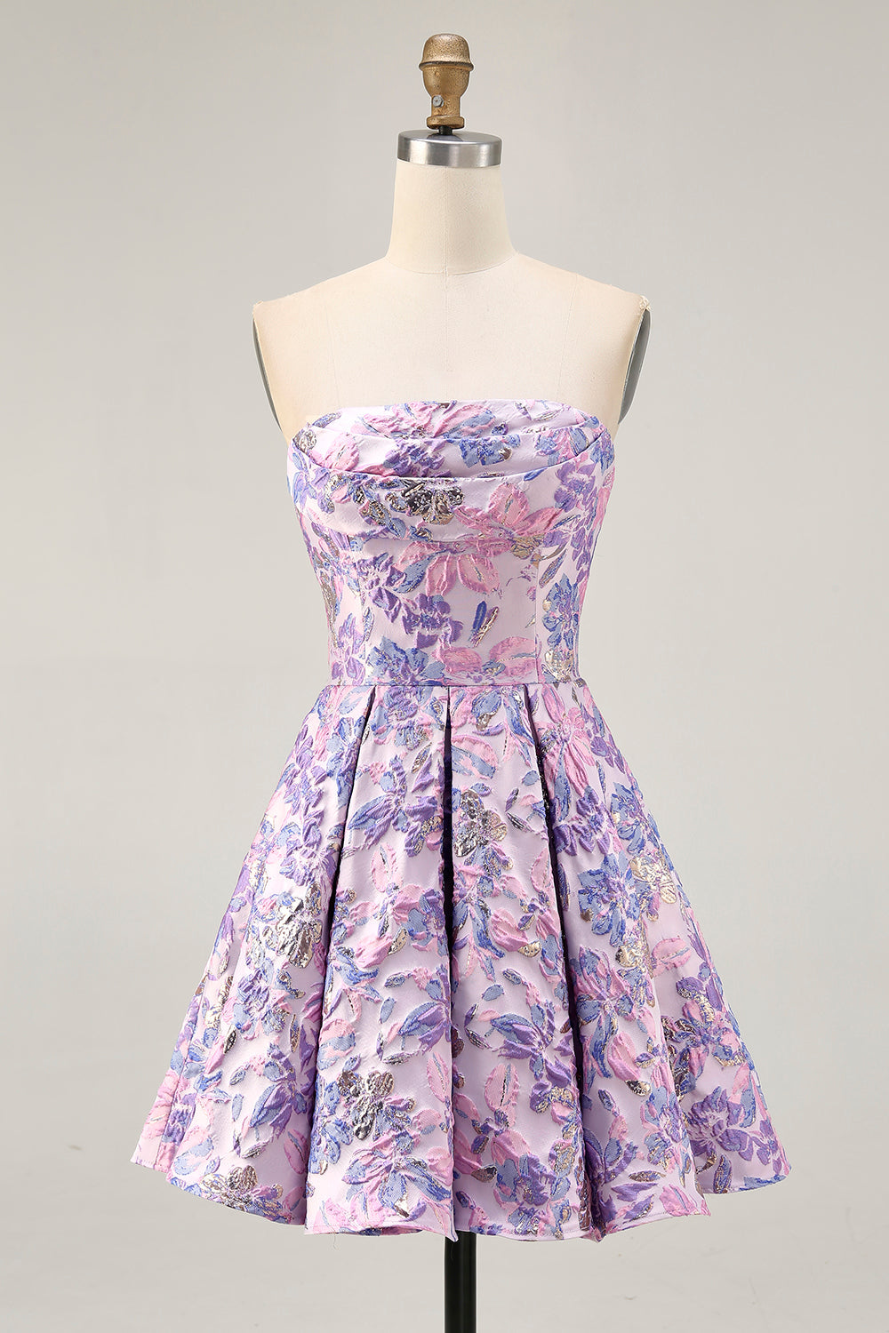 Lilac Floral Strapless A Line Short Homecoming Dress