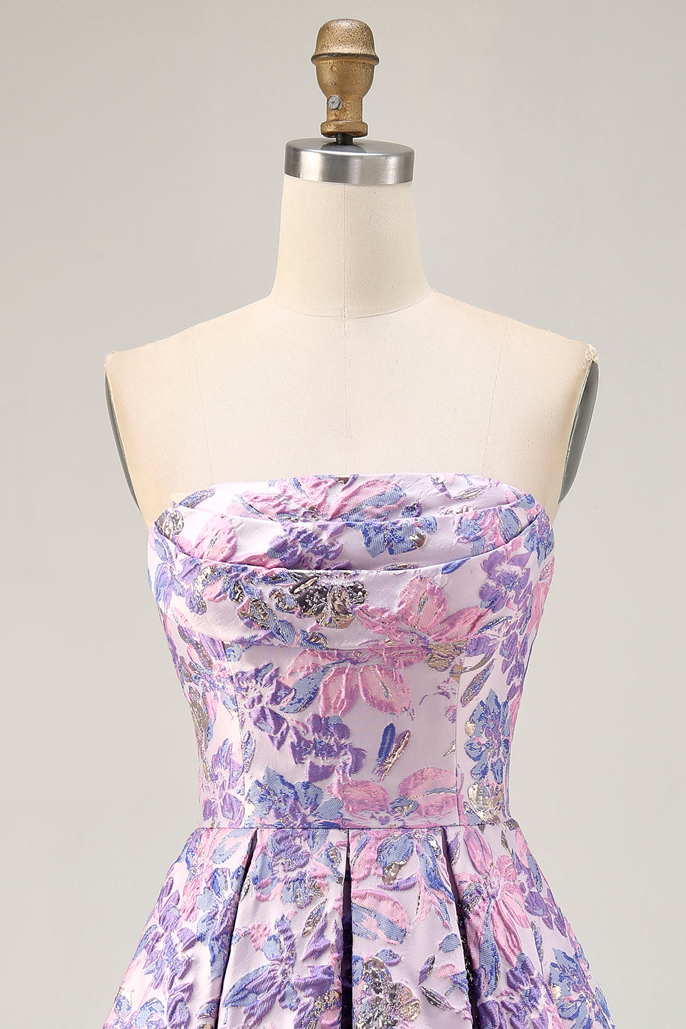 Lilac Floral Strapless Ruched Short Homecoming Dress