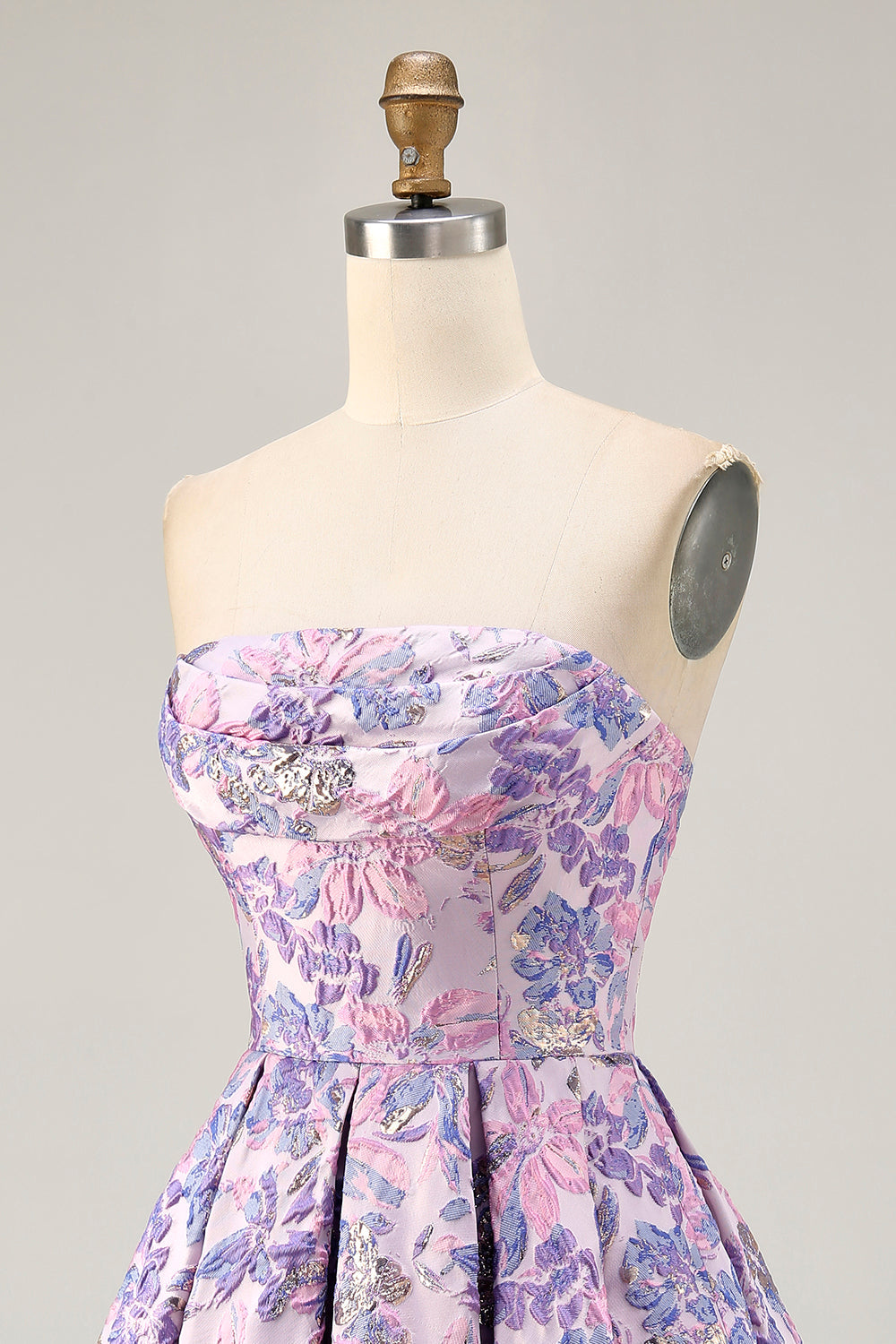 Lilac Floral Strapless Ruched Short Homecoming Dress