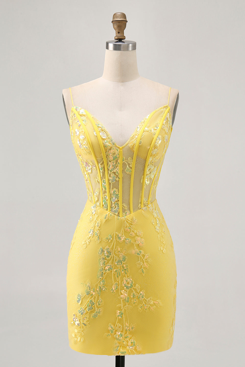 Sparkly Yellow Corset Floral Tight Short Homecoming Dress with Sequins