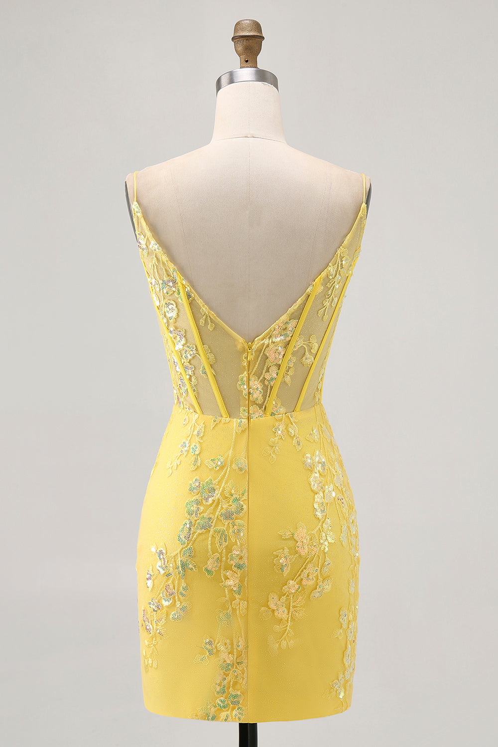 Sparkly Yellow Corset Floral Tight Short Homecoming Dress with Sequins