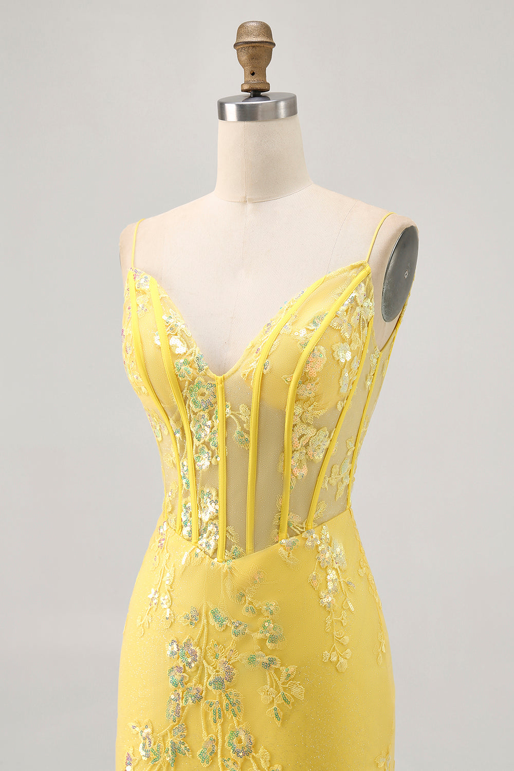 Sparkly Yellow Corset Floral Tight Short Homecoming Dress with Sequins