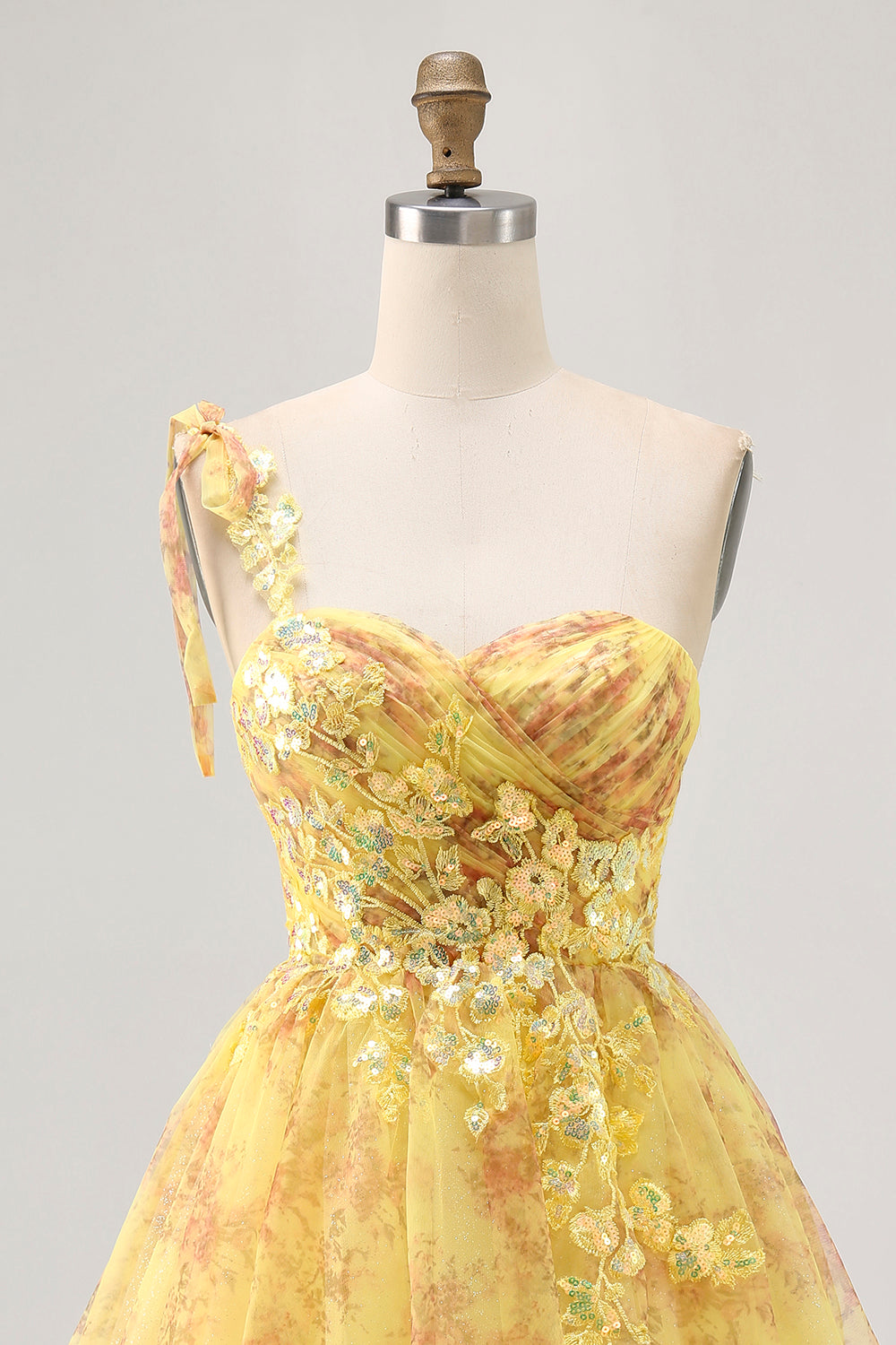 Sparkly Yellow Floral One Shoulder Short Homecoming Dress with Bow
