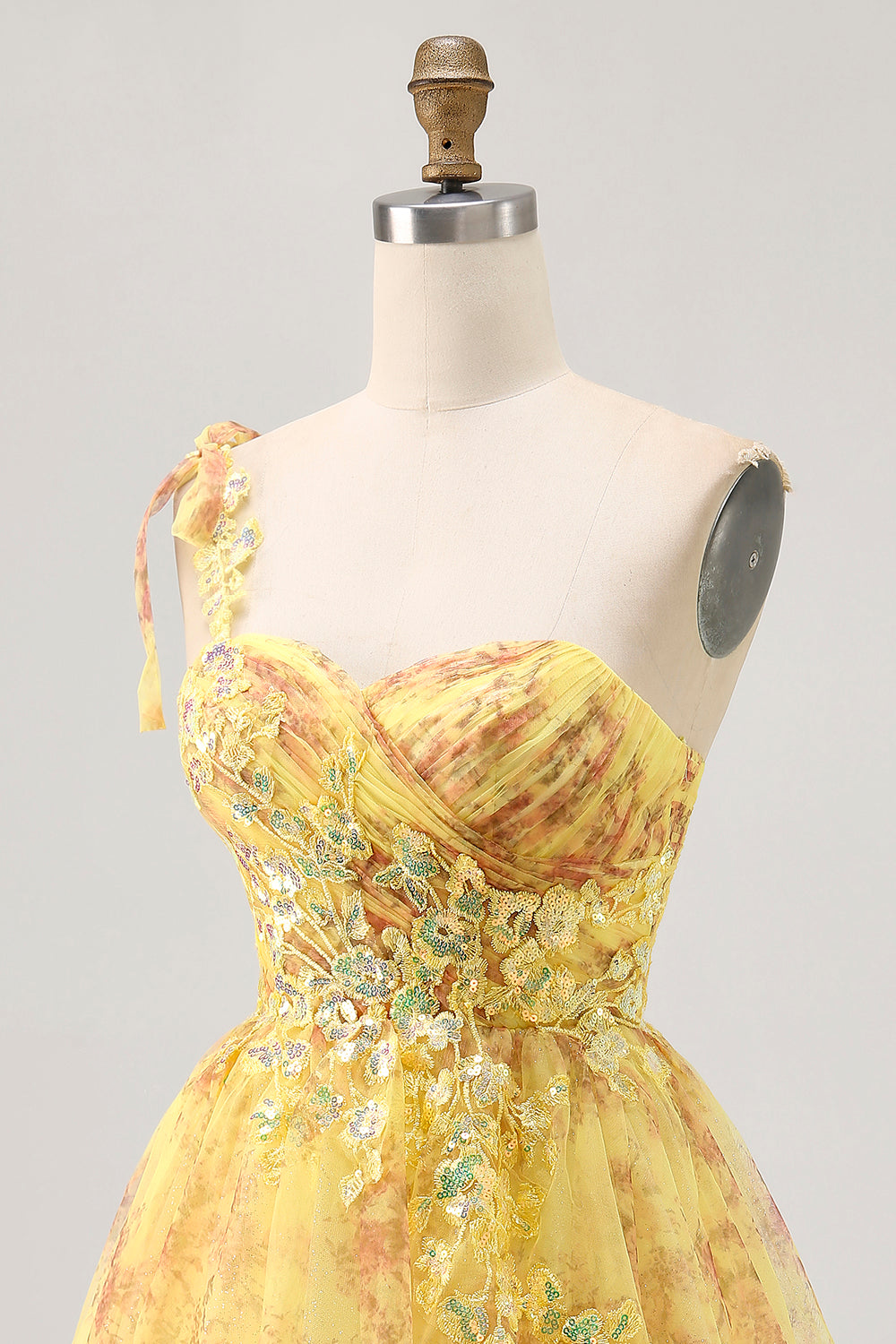 Sparkly Yellow Floral One Shoulder Short Homecoming Dress with Bow