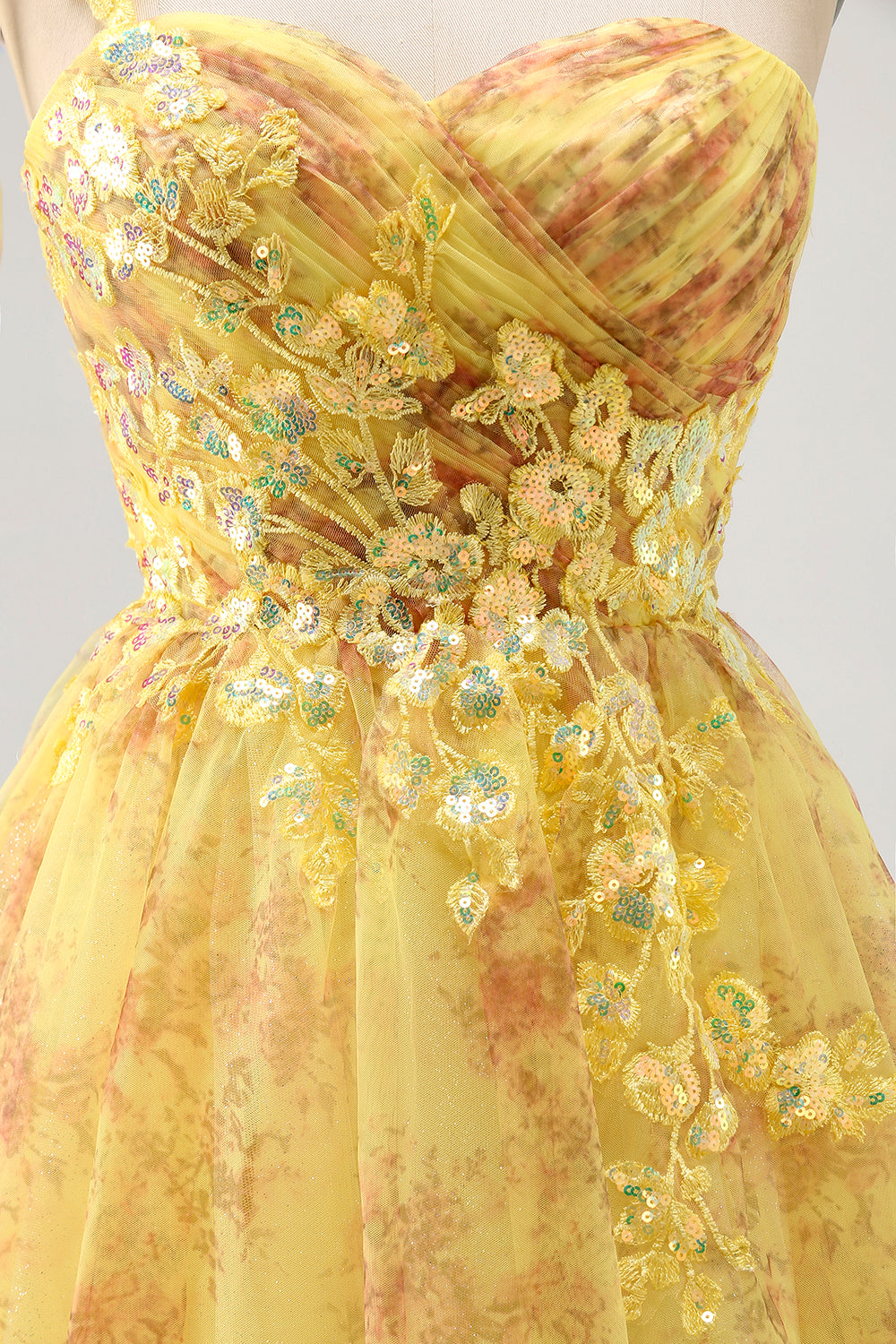 Sparkly Yellow Floral One Shoulder Short Homecoming Dress with Bow