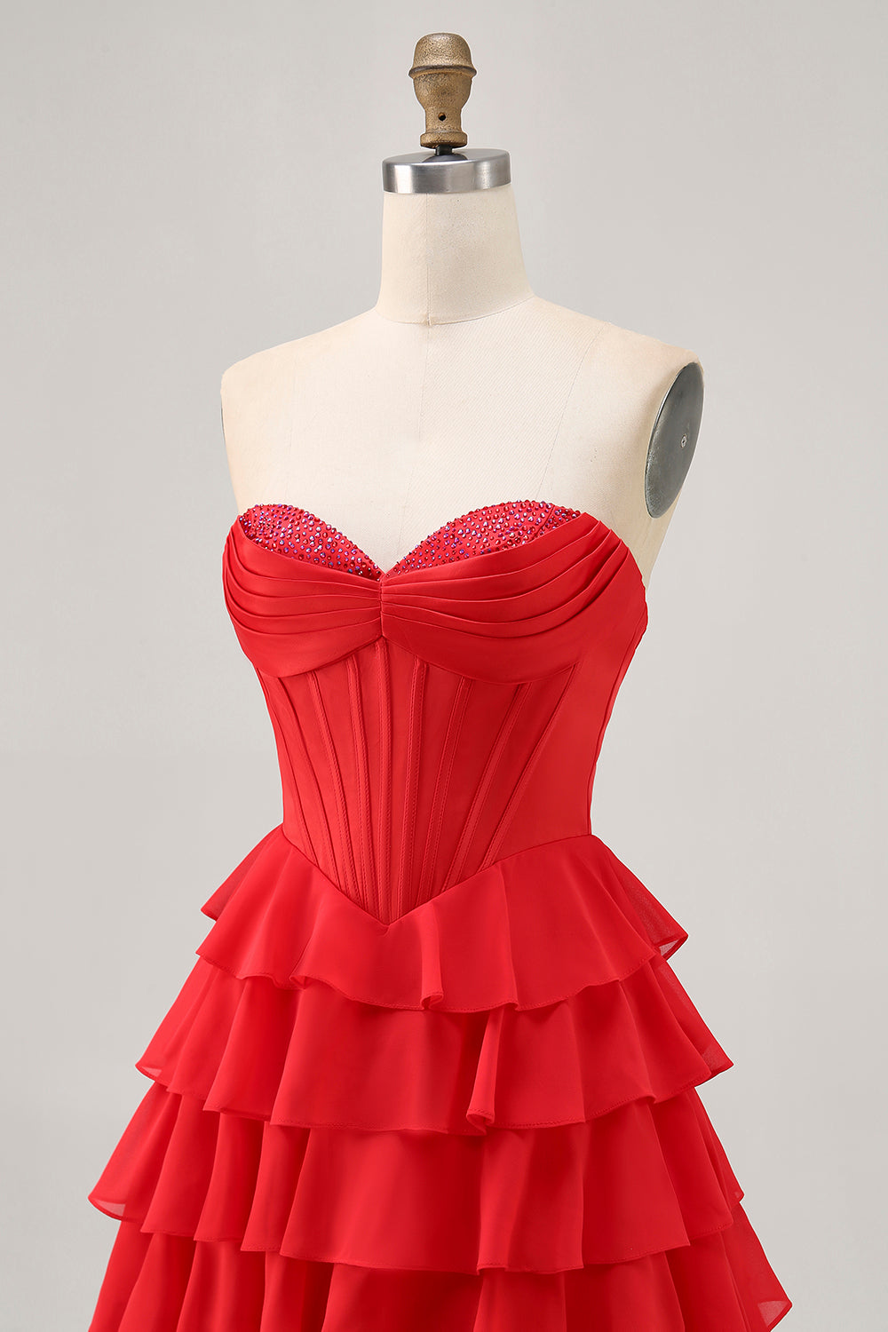 Sparkly Red Corset Short Tiered Homecoming Dress with Beading