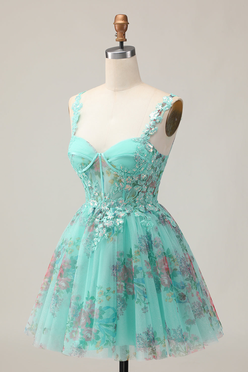 Sparkly Green Corset Floral A Line Short Homecoming Dress with Sequins