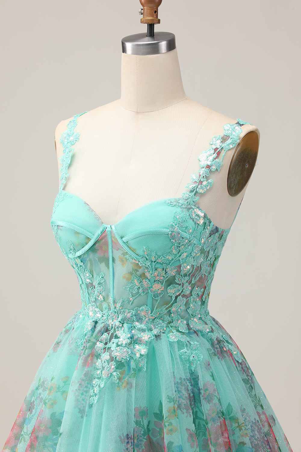Sparkly Green Corset Floral A Line Short Homecoming Dress with Sequins