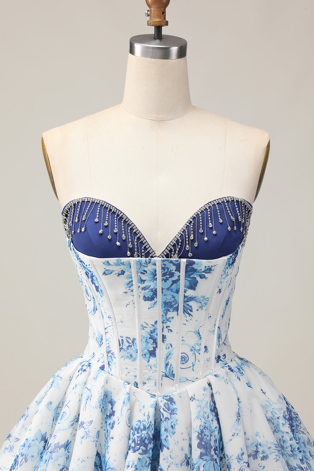 Sparkly White and Blue Floral Corset Short Homecoming Dress with Beading