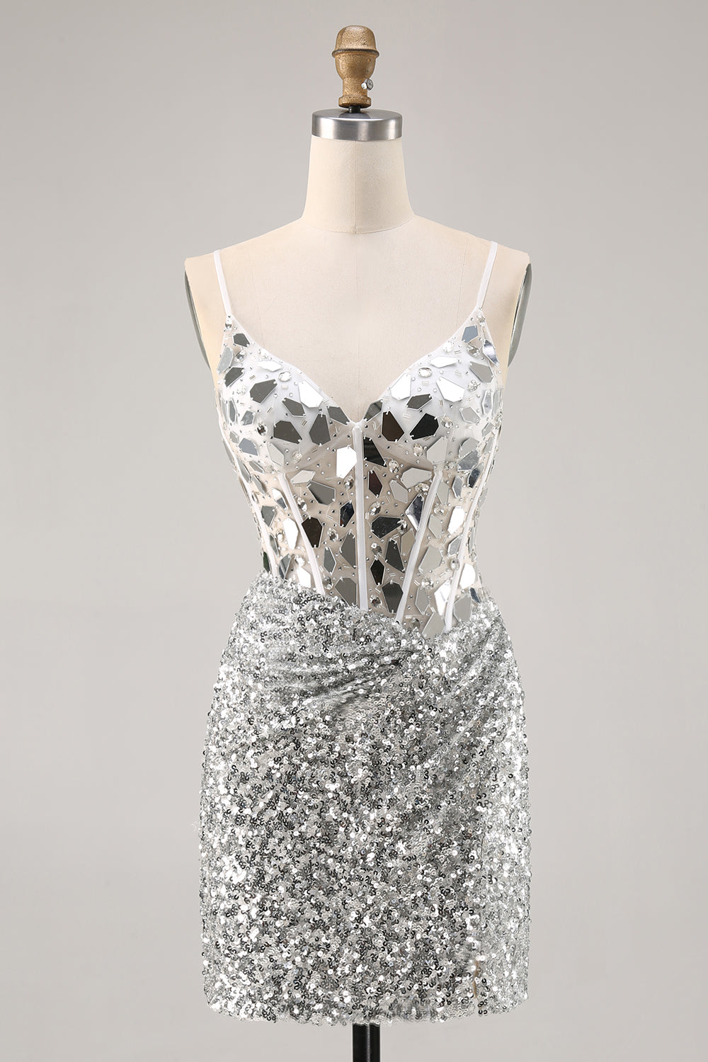 Silver V Neck Bodycon Corset Mirror Homecoming Dress