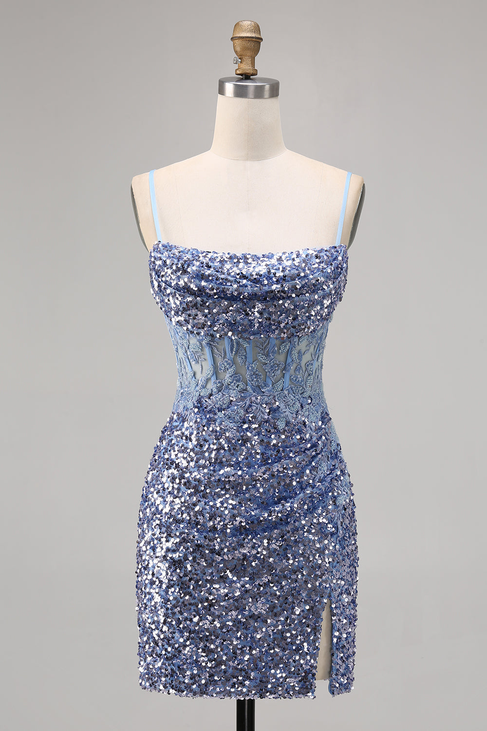 Corset Grey Blue Bodycon Sequins Homecoming Dress with Slit
