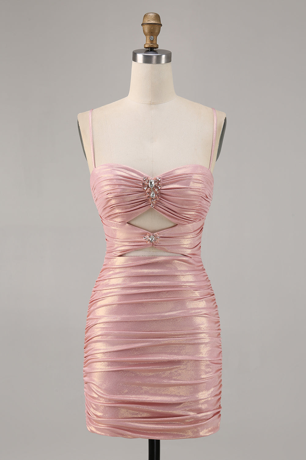 Blush Spaghetti Straps Metallic Cut Out Tight Short Homecoming Dress