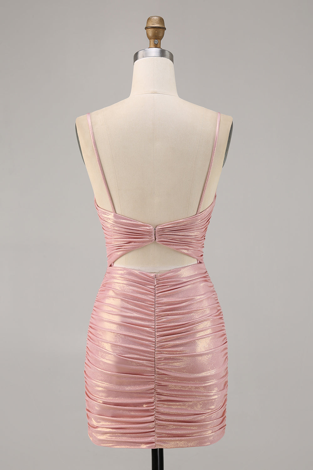 Blush Spaghetti Straps Metallic Cut Out Tight Short Homecoming Dress