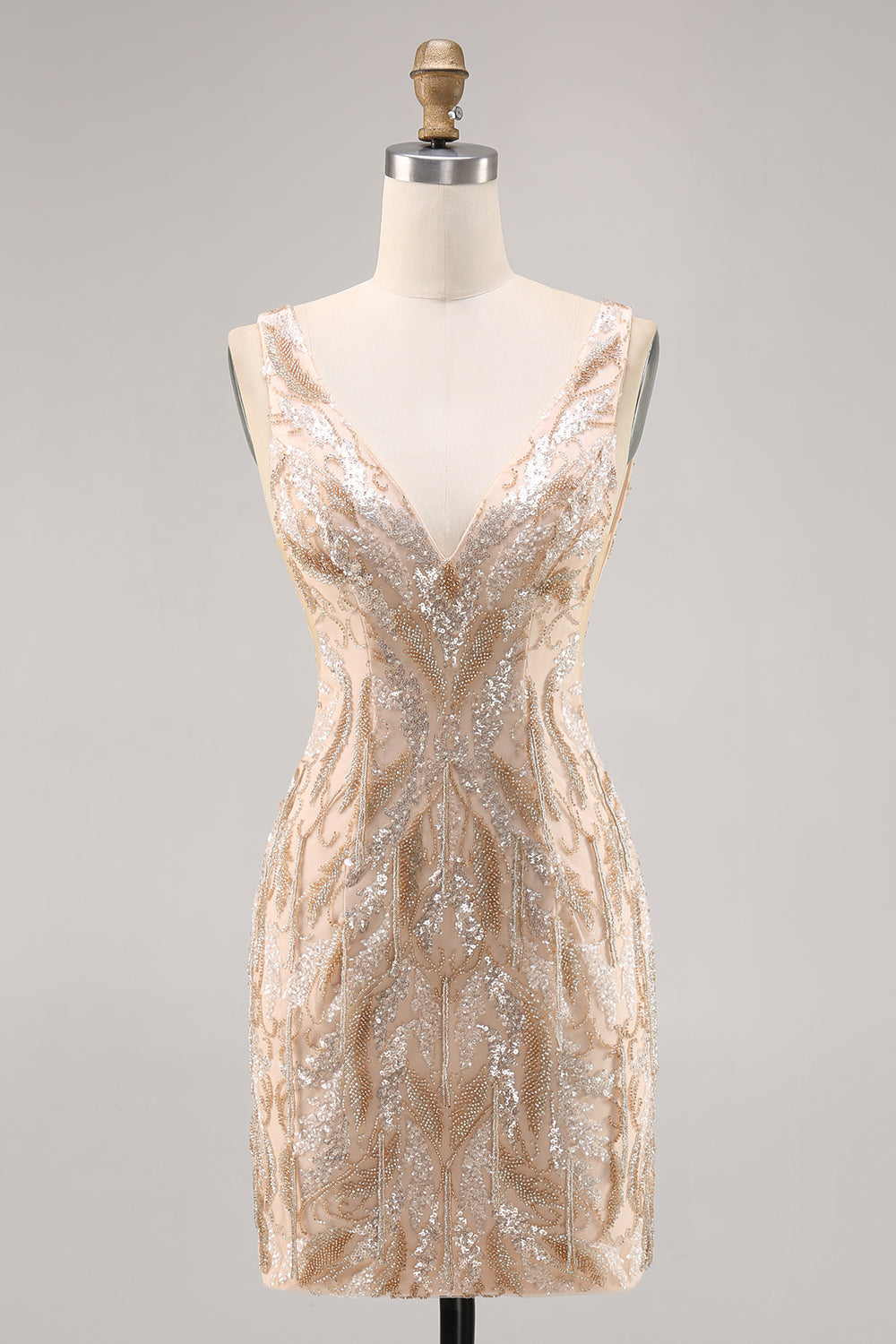 Sparkly Champagne Bodycon Beaded Homecoming Dress with Sequins