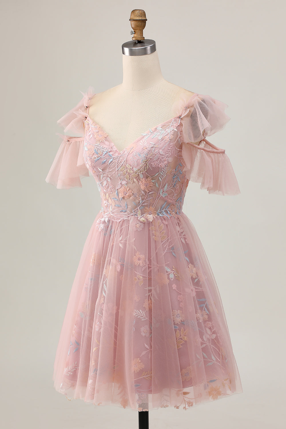 Sparkly Blush Floral Cold Shoulder Short Homecoming Dress with Ruffles