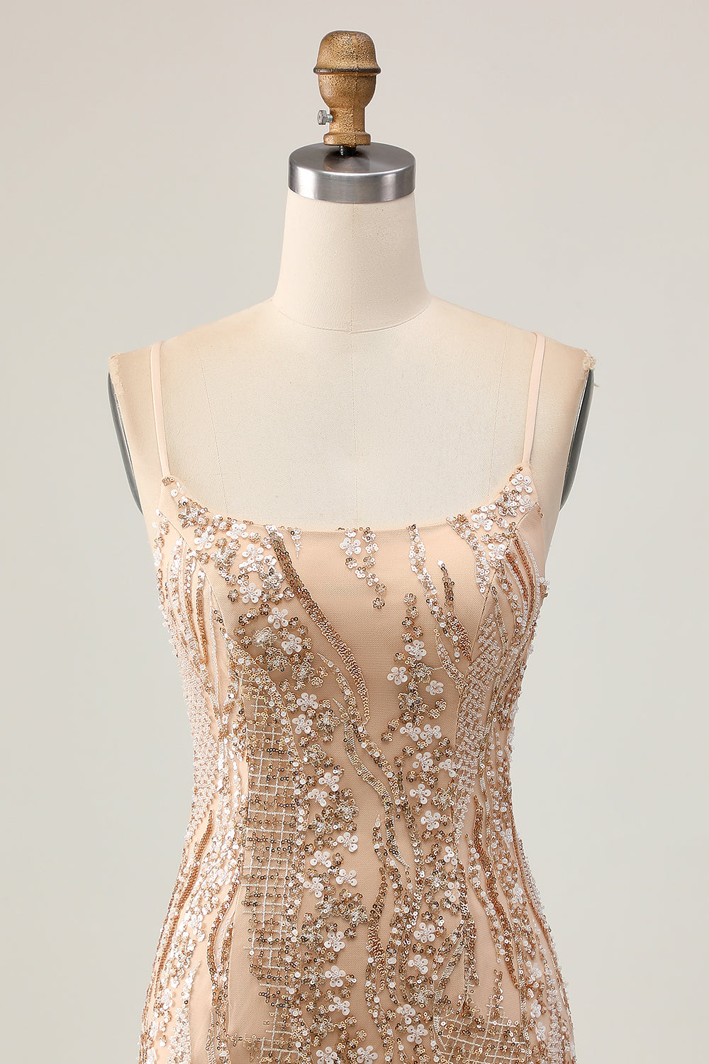 Sparkly Champagne Floral Tight Short Homecoming Dress with Beading