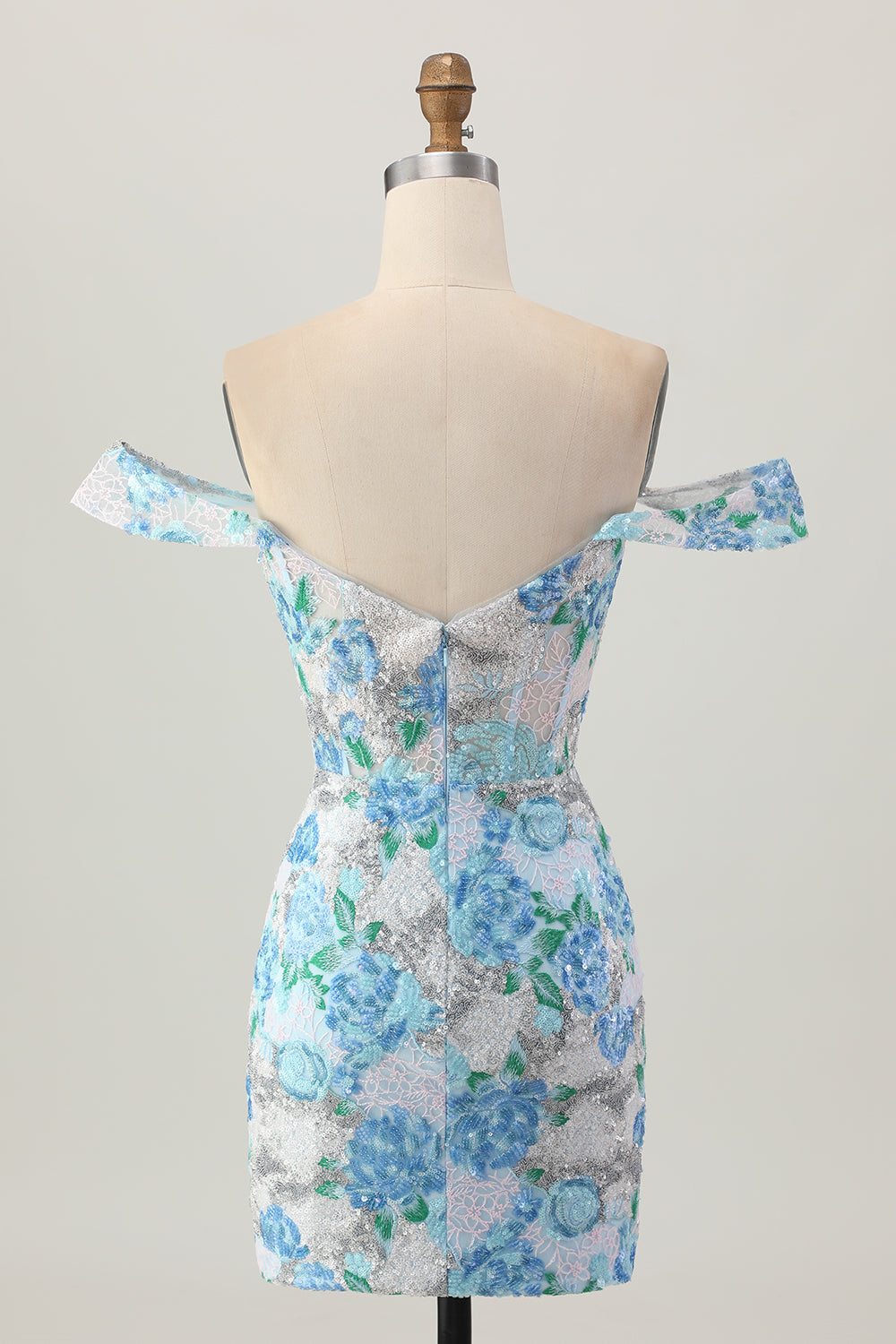 Sparkly White Blue Floral Sequin Short Tight Homecoming Dress