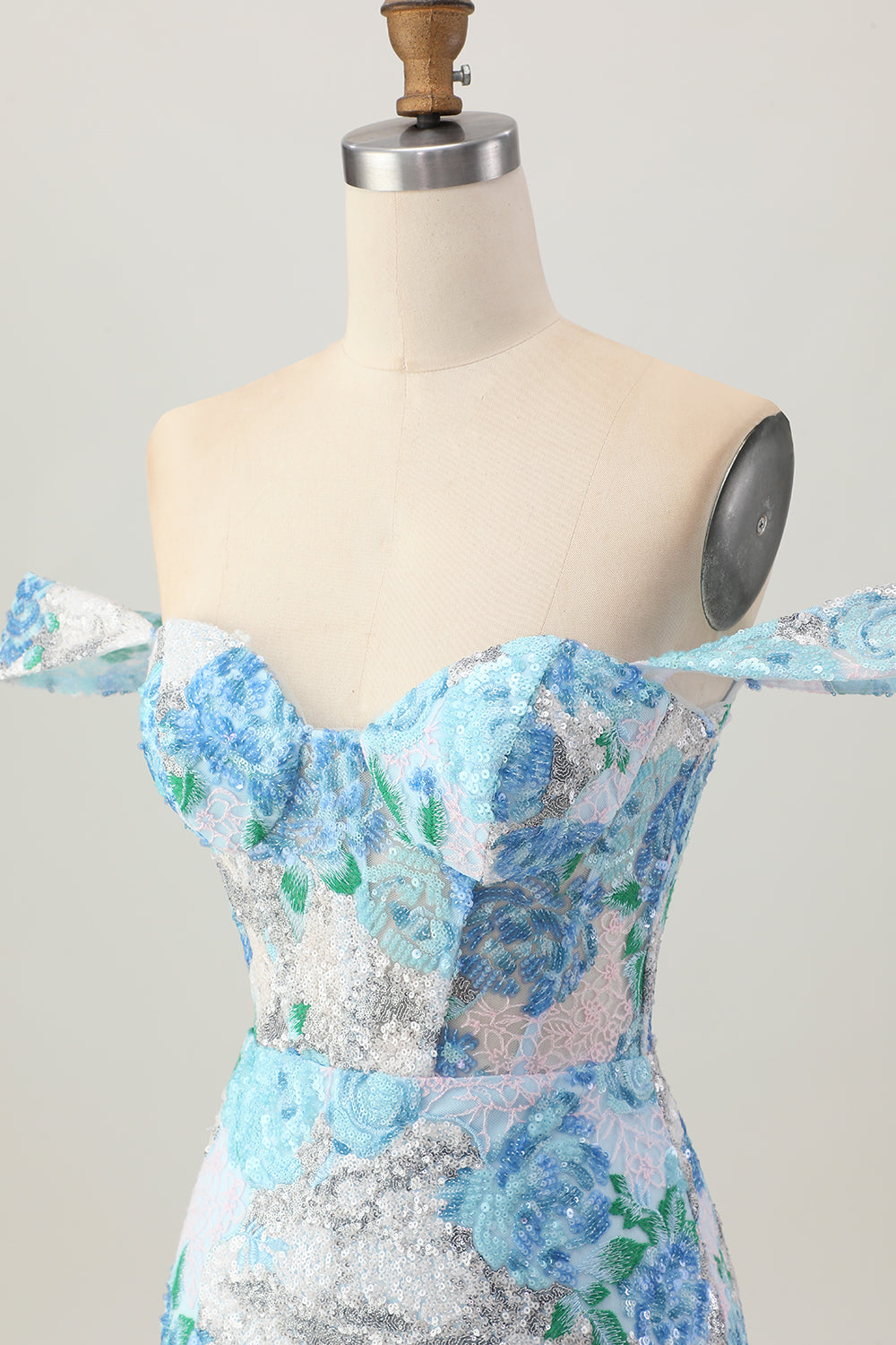 Sparkly White Blue Floral Sequin Short Tight Homecoming Dress