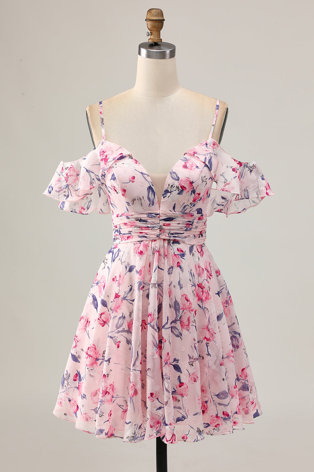 Pink Floral Chiffon Ruched Short Homecoming Dress with Ruffles