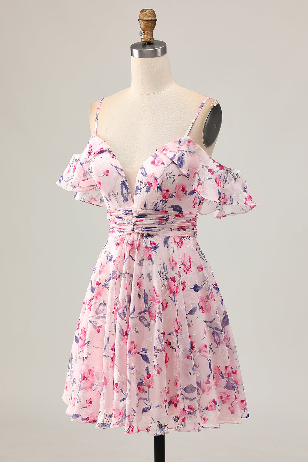 Pink Floral Chiffon Ruched Short Homecoming Dress with Ruffles