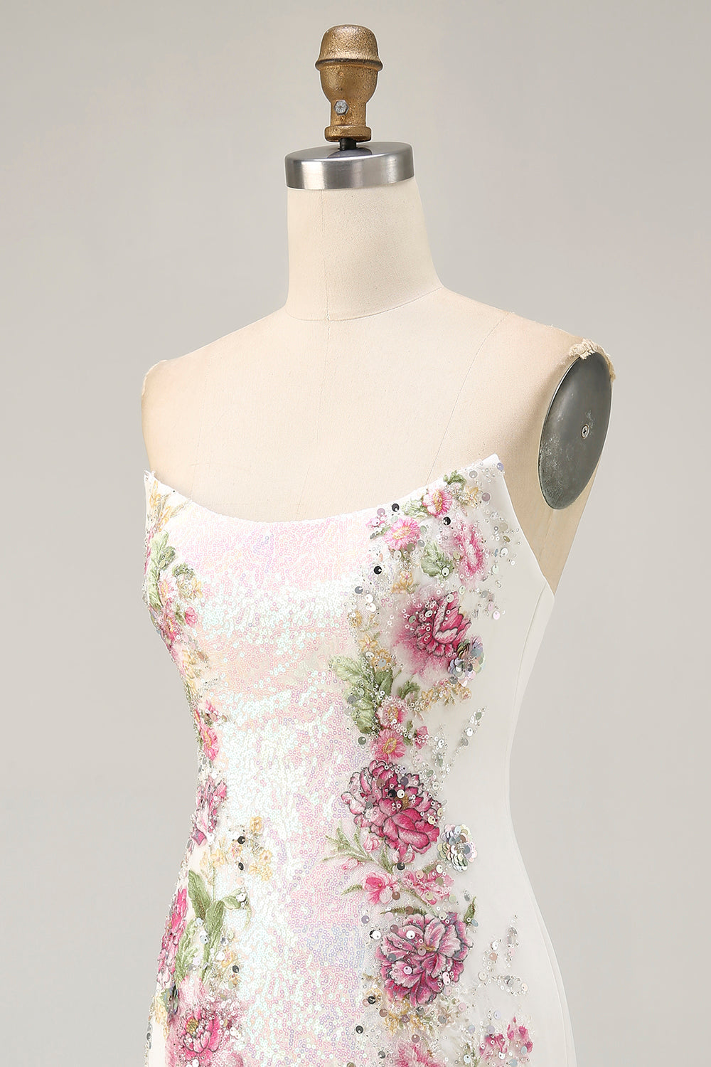 Sparkly White Floral Strapless Short Tight Homecoming Dress with Sequins