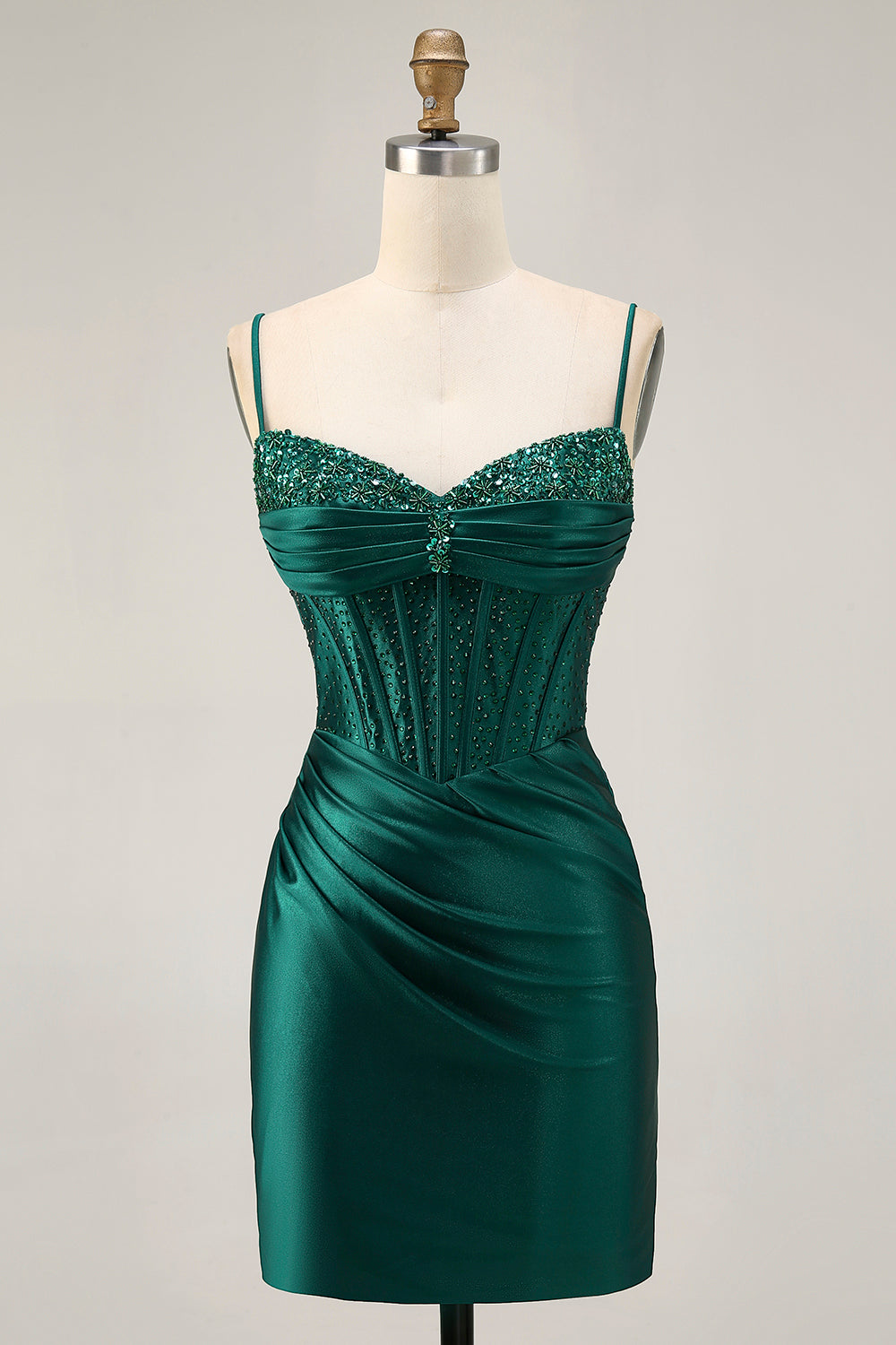 Zapakasa Women Sparkly Dark Green Corset Short Satin Homecoming Dress with Beading Tight Spaghetti Straps Lace Up Back Ruched Cocktail Dress