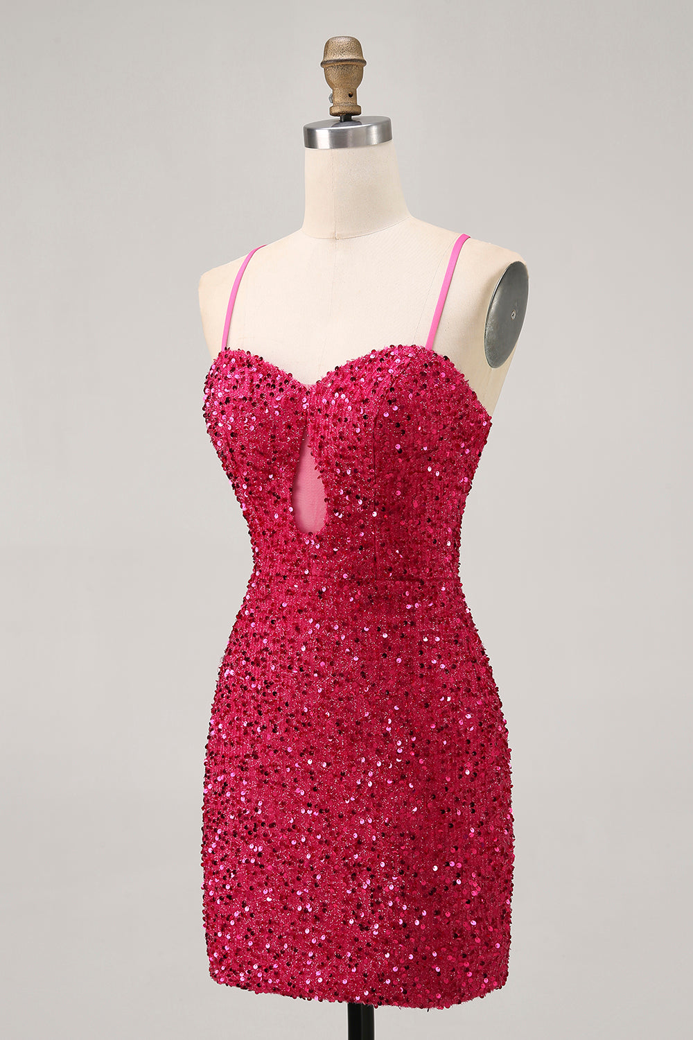 Sparkly Fuchsia Sequin Tight Spaghetti Straps Short Homecoming Dress