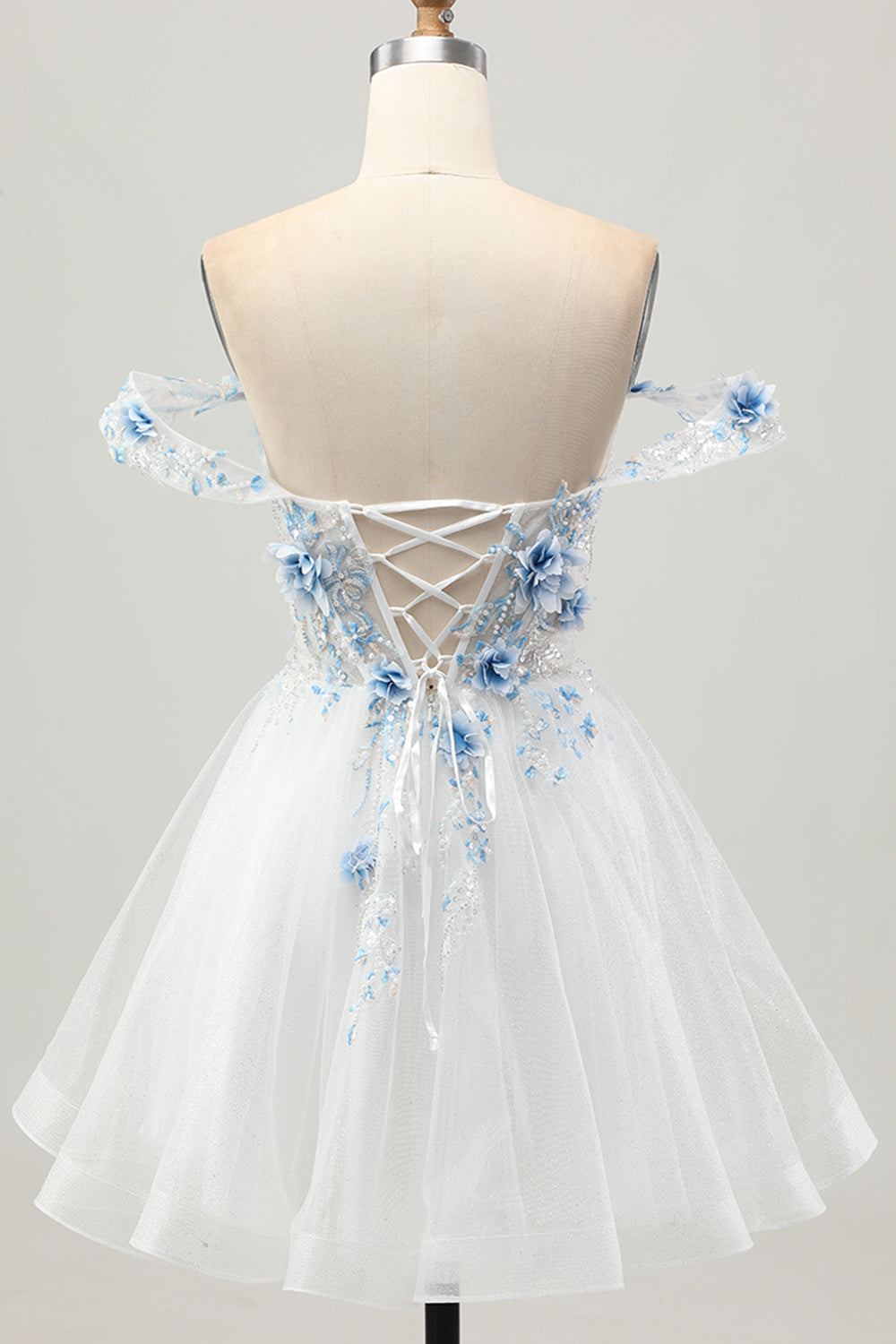 Sparkly White Blue Flower Corset Short Homecoming Dress with Beading