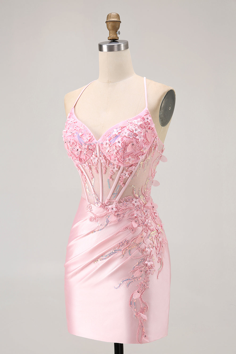 Candy Pink Bodycon Beaded Corset Short Homecoming Dress with Appliques