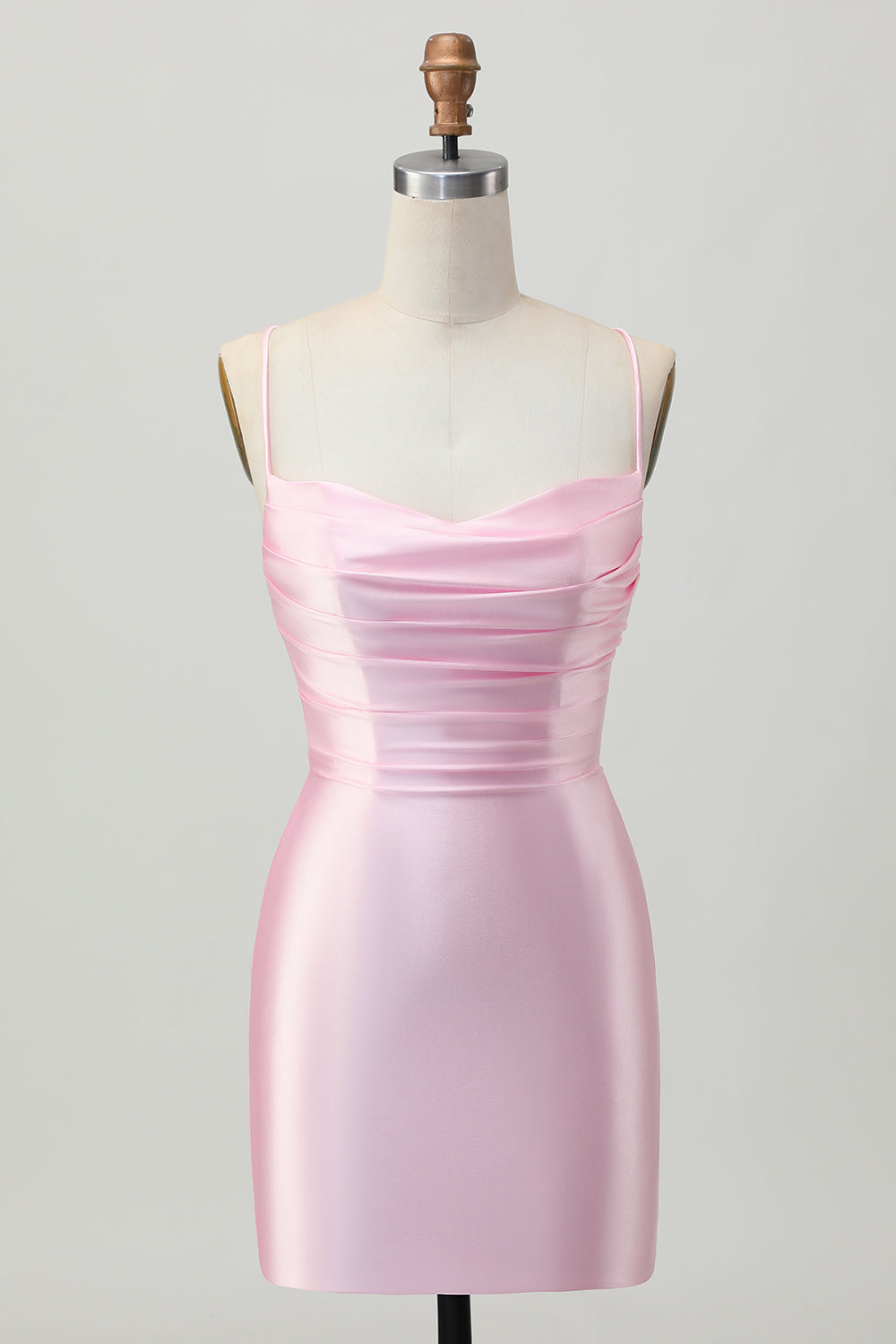 Blush Pink Satin Spaghetti Straps Short Tight Homecoming Dress