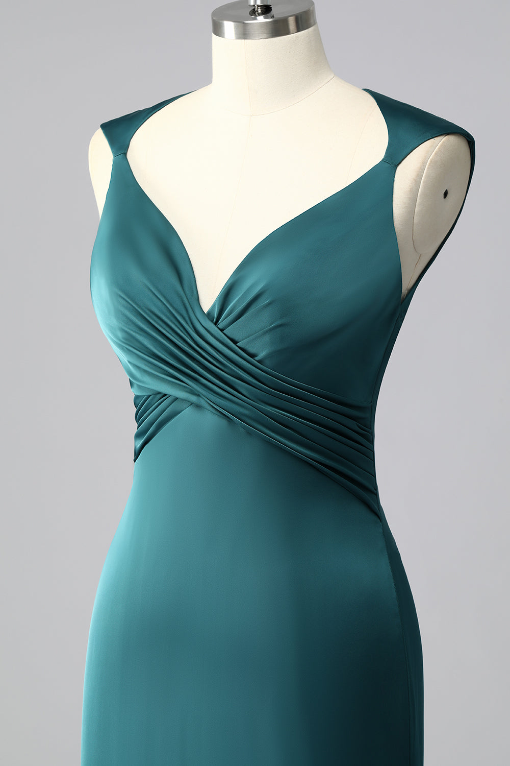 Peacock Blue Mermaid Satin Backless Ruched Prom Dress