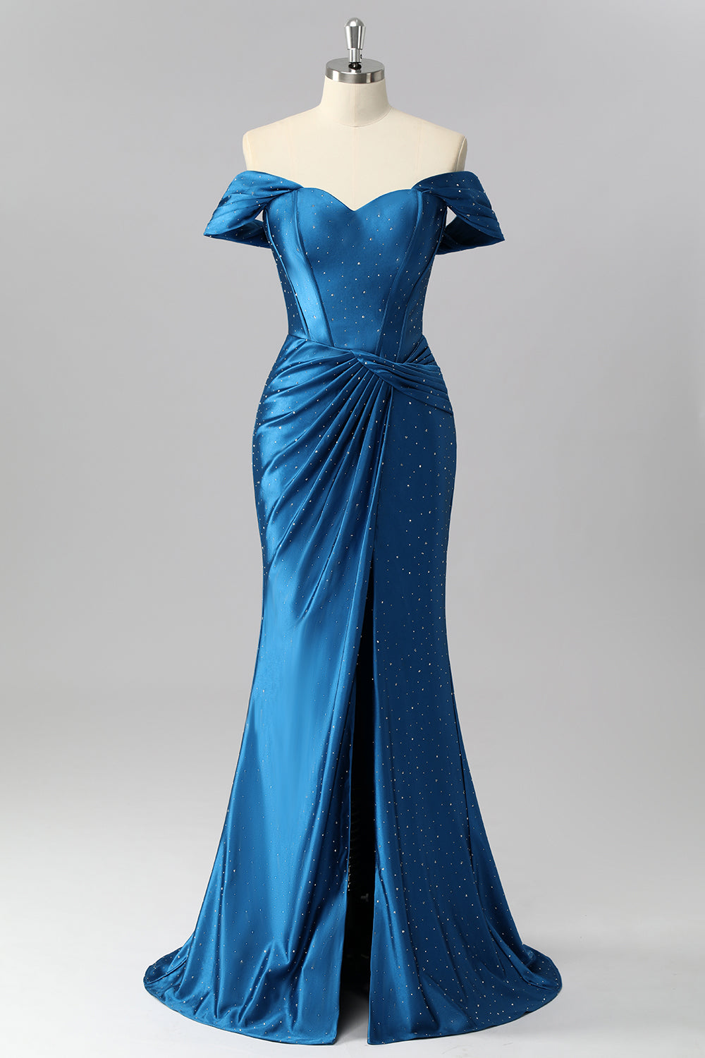 Off The Shoulder Dark Blue Mermaid Satin Ruched Prom Dress