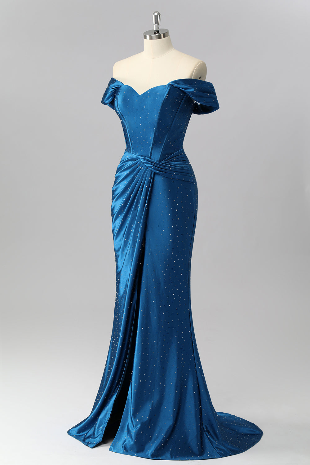 Off The Shoulder Dark Blue Mermaid Satin Ruched Prom Dress