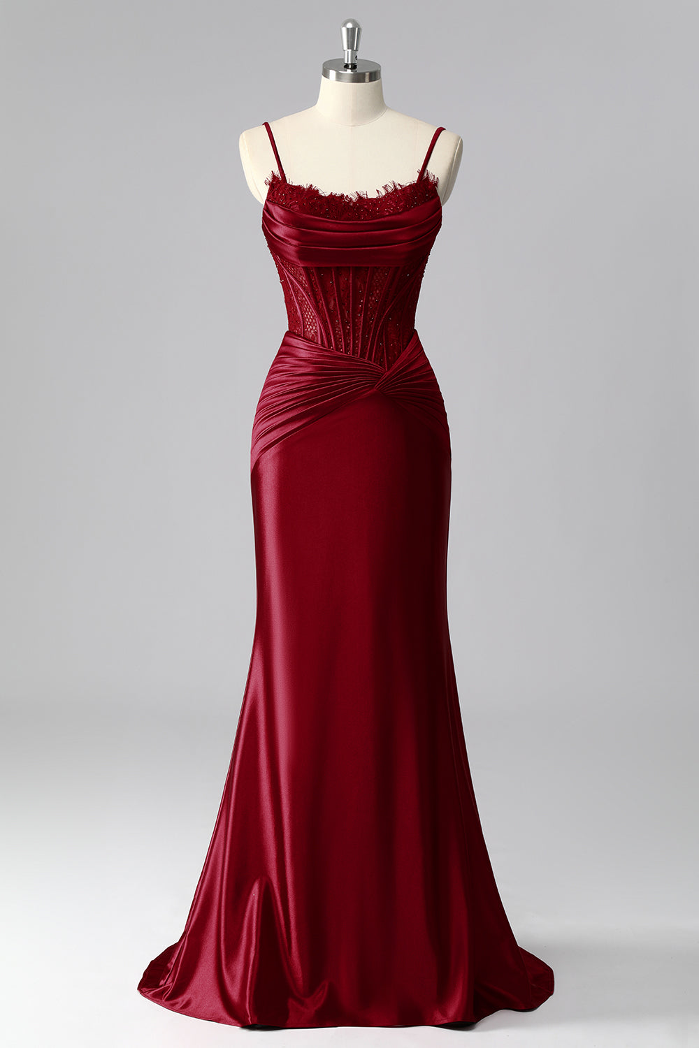 Burgundy Mermaid Corset Satin Ruched Prom Dress