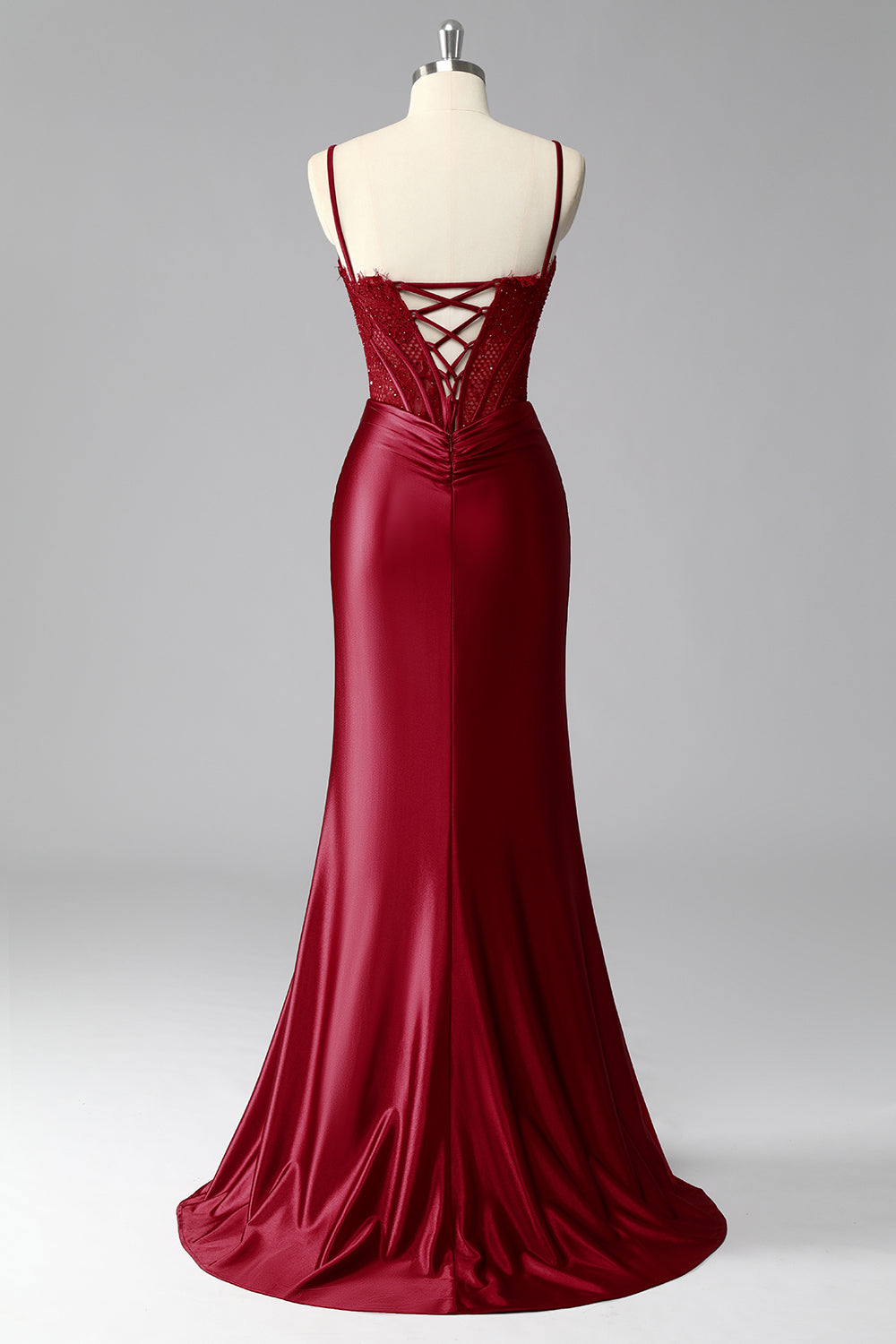 Burgundy Mermaid Corset Satin Ruched Prom Dress