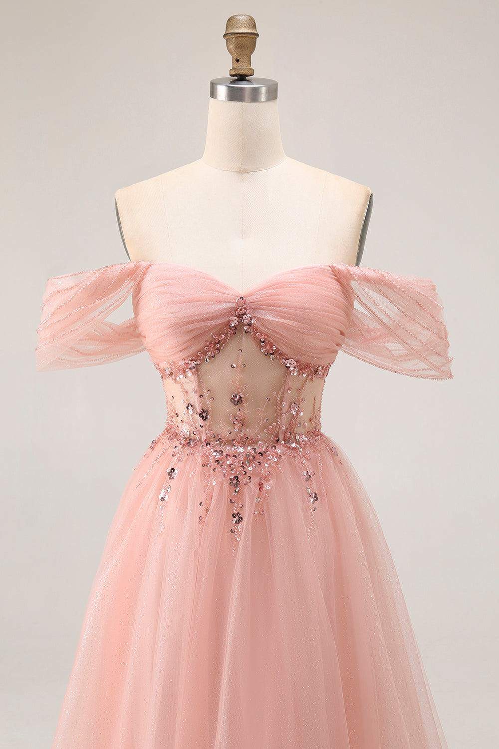 Sparkly Blush Off the Shoulder Long Prom Dress with Sequins