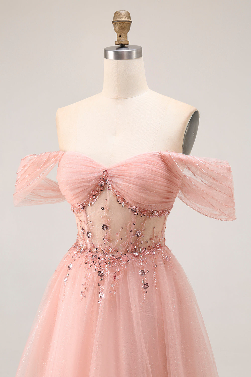 Sparkly Blush Off the Shoulder Long Prom Dress with Sequins