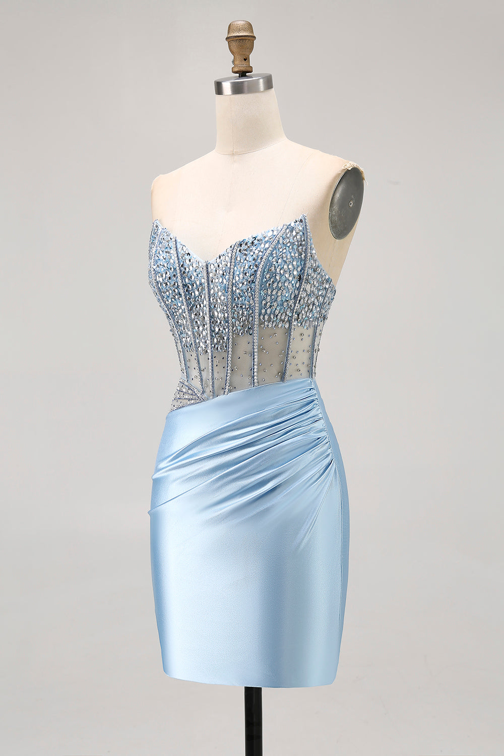 Sparkly Light Blue Tight Short Corset Homecoming Dress with Rhinestones