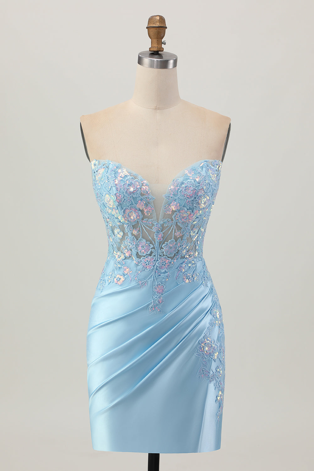 Sparkly Light Blue Corset Strapless Floral Short Ruched Homecoming Dress