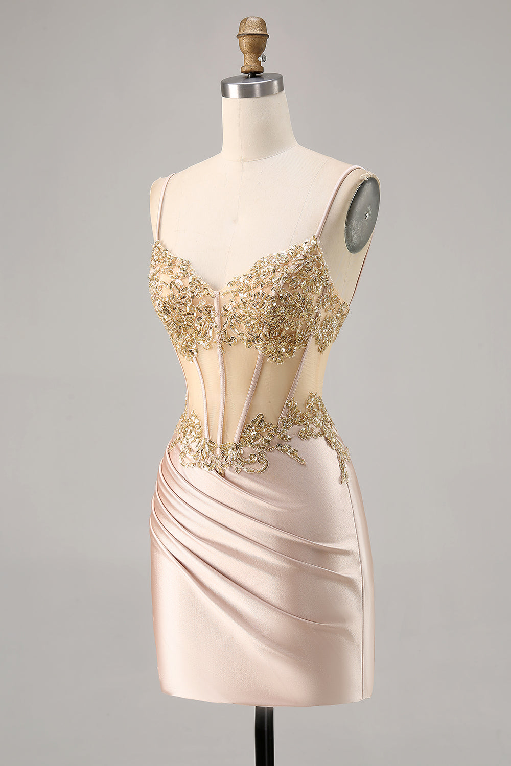 Sparkly Champagne Corset Tight Short Homecoming Dress with Lace