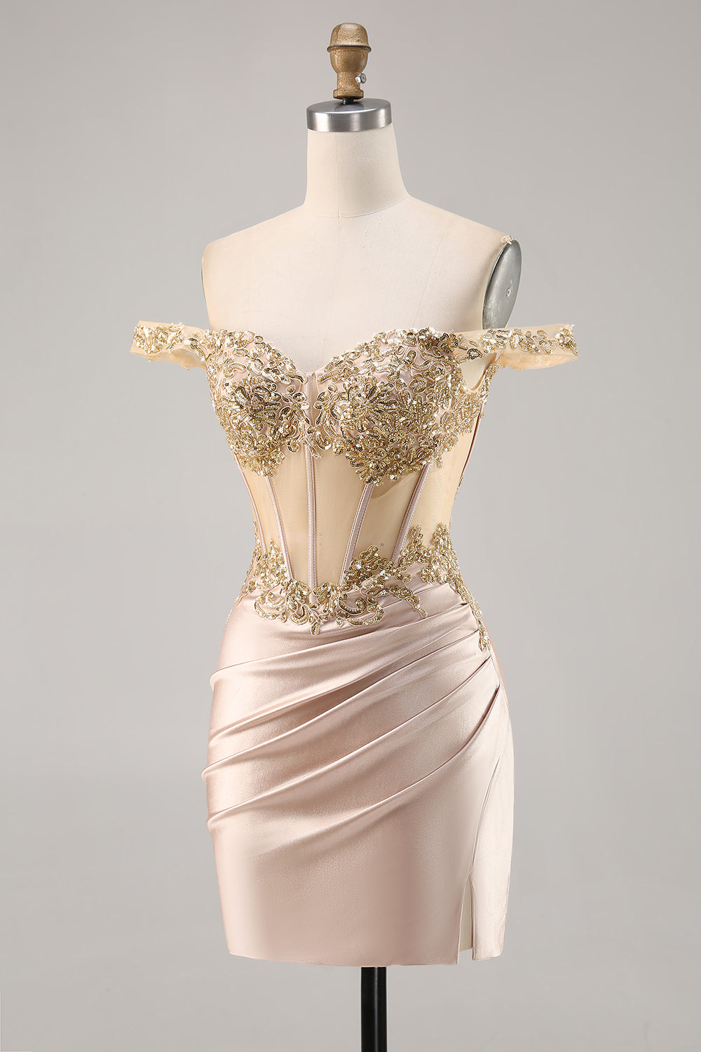 Off the Shoulder Corset Bodycon Champagne Homecoming Dress with Sequins