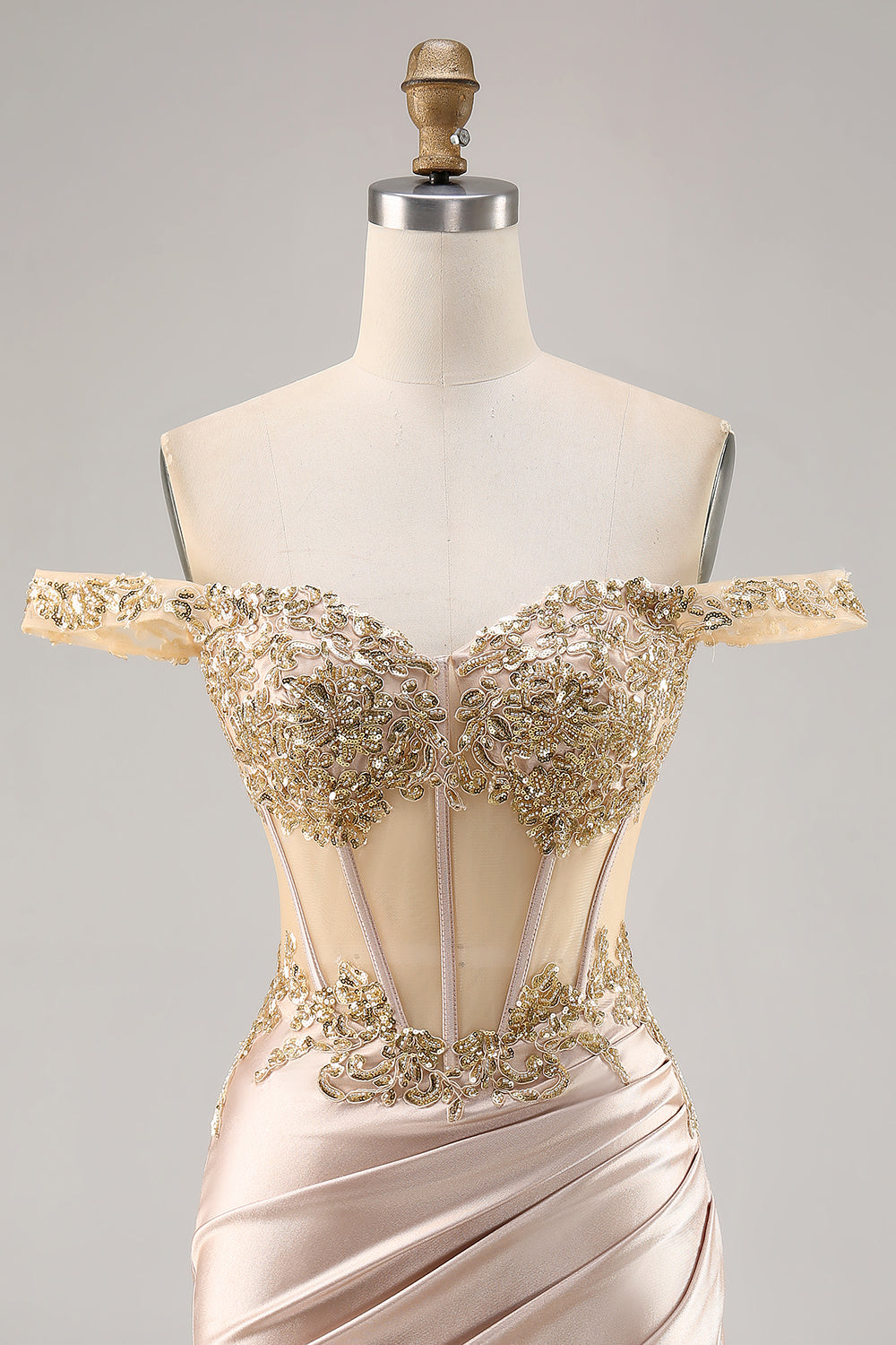 Off the Shoulder Corset Bodycon Champagne Homecoming Dress with Sequins