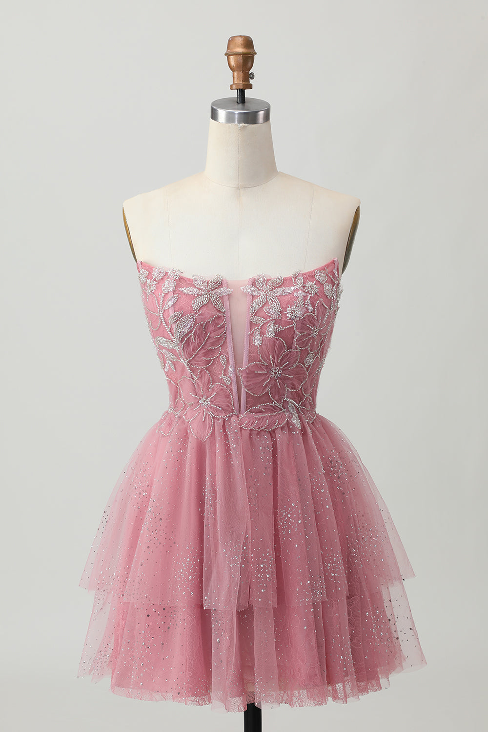 Glitter Dusty Rose Tulle Ruffled Short Tiered Corset Homecoming Dress
